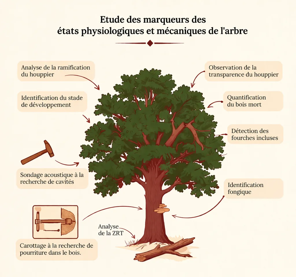 Planche des marqueurs des états physiologiques et mécaniques de l'arbre : analyse de la ramification du houppier, identification du stade de développement, sondage acoustique à la recherche de cavités, carottage à la recherche de pourriture, analyse de la ZRT, identification fongique, détection des fourches incluses, quantification du bois mort, observation de la transparence du houppier